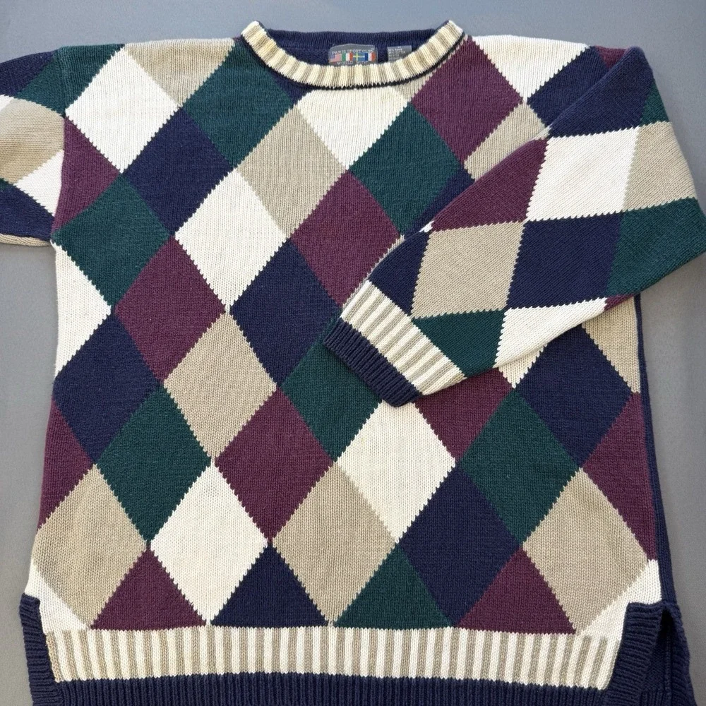 Paris Sport Club World Wide Vintage Argyle Striped Trim Pullover Sweater Men's M